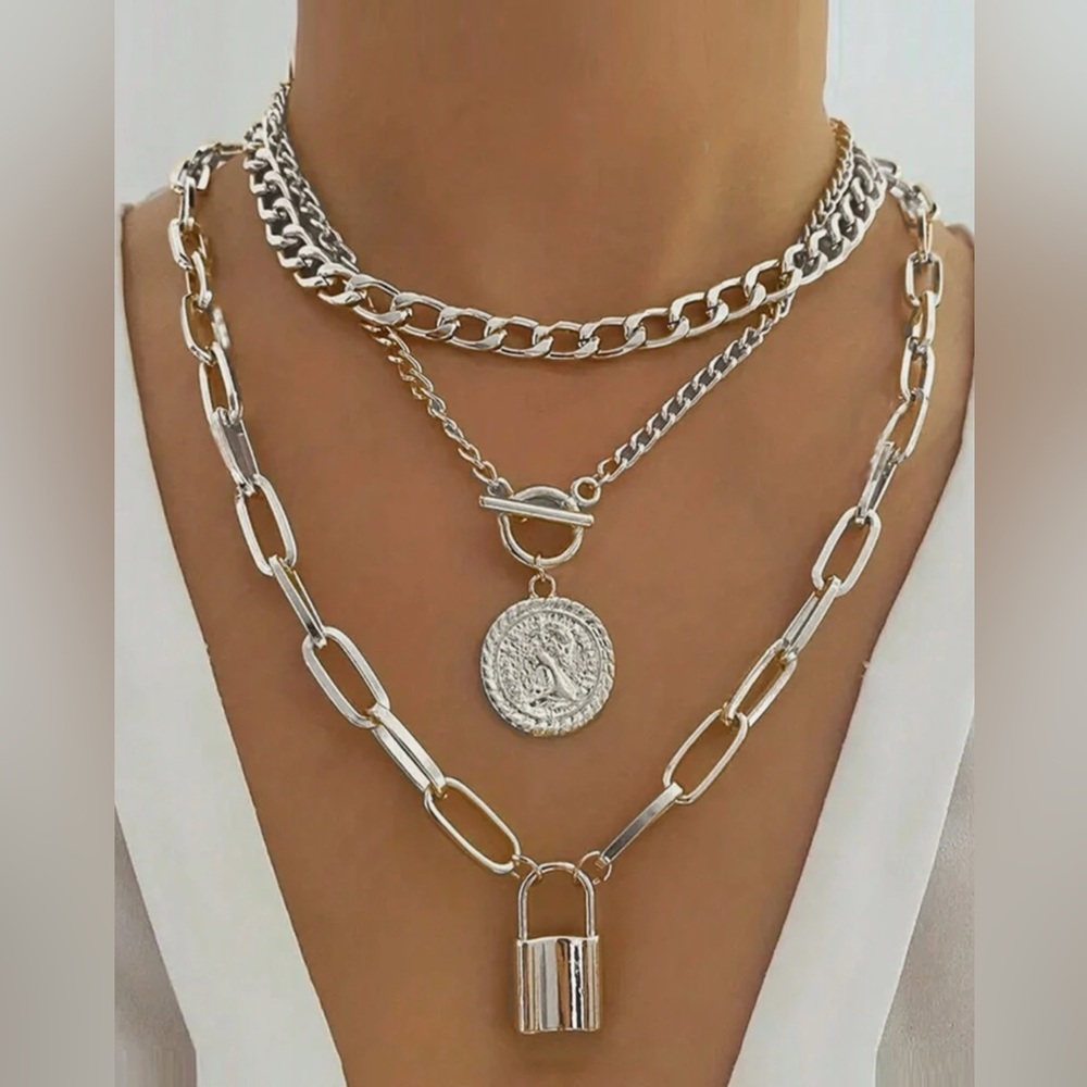 Silver Layered Chain Necklace Lock 3 piece Set - Picture 2 of 4